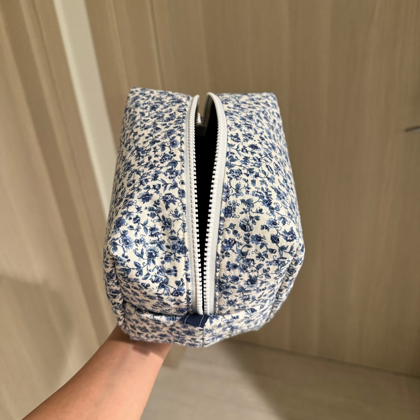 Blue Flower Boxy Quilted Makeup Bag