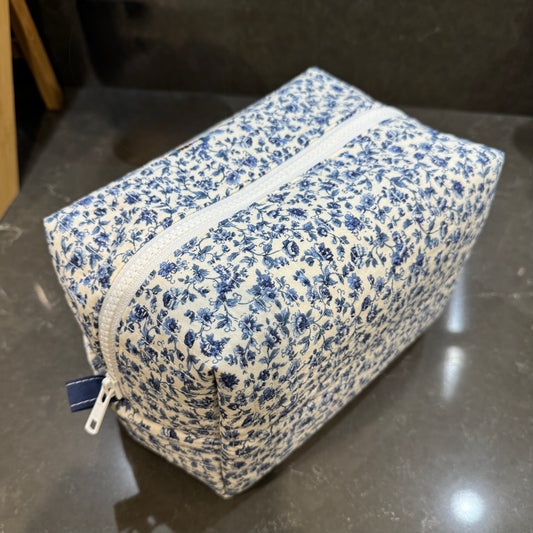 Blue Flower Boxy Quilted Makeup Bag